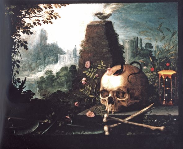 Anonimo — Anonimo sec. XVII/ XVIII - Natura morta con teschio e ossa, clessidra, rose, rovine con lucerna e paesaggio — insieme